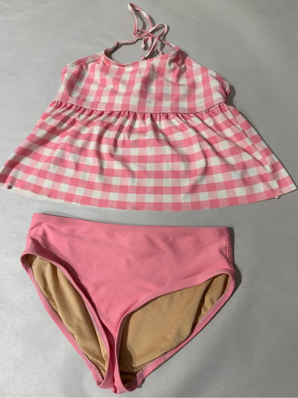 Old Navy Pink Gingham Peplum-Hem Tie-Shoulder Swim Set for Girls Size Large